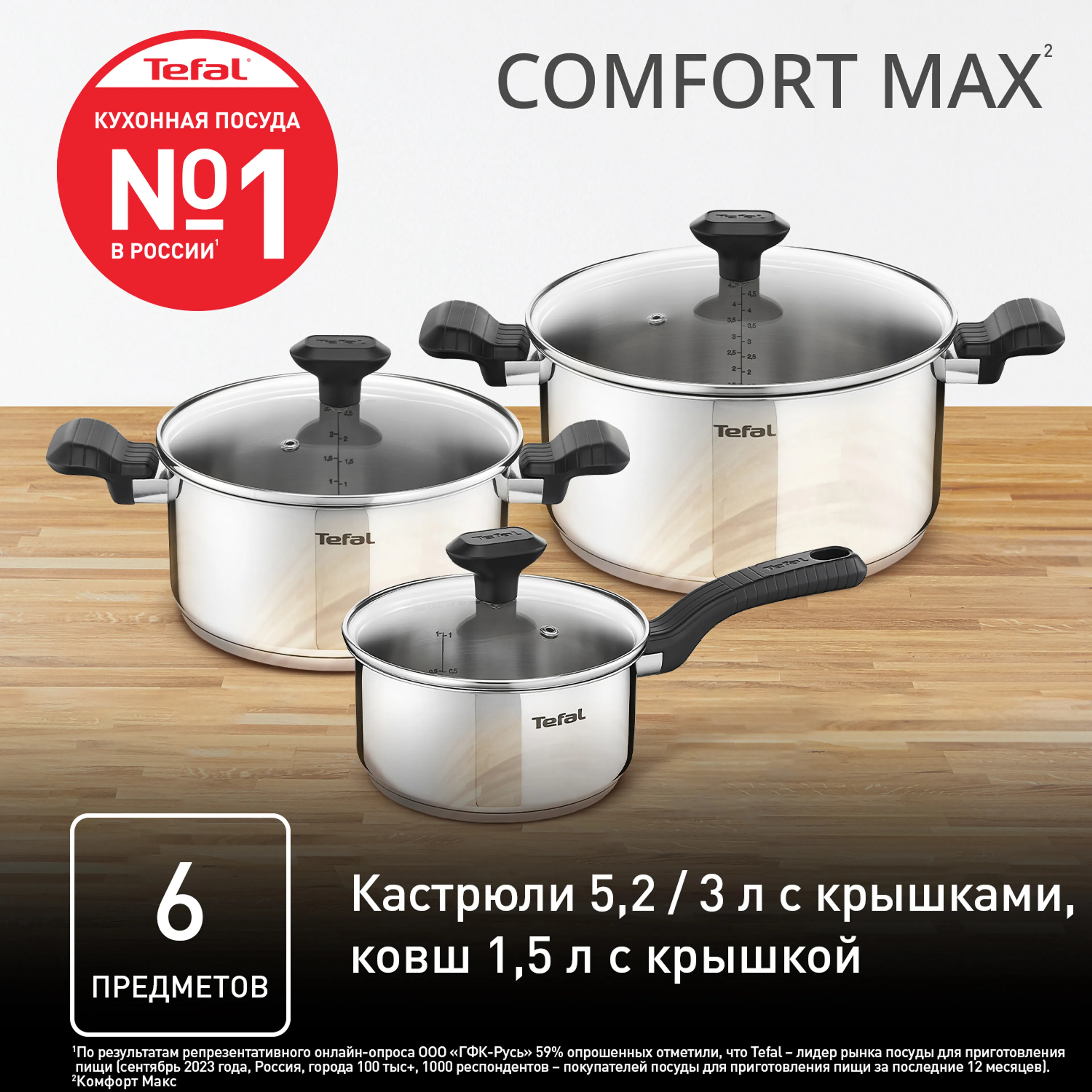 Набор посуды Tefal Comfort Max 6 предметов 1,4/2,9/5,1/л 16/20/24см C973S674