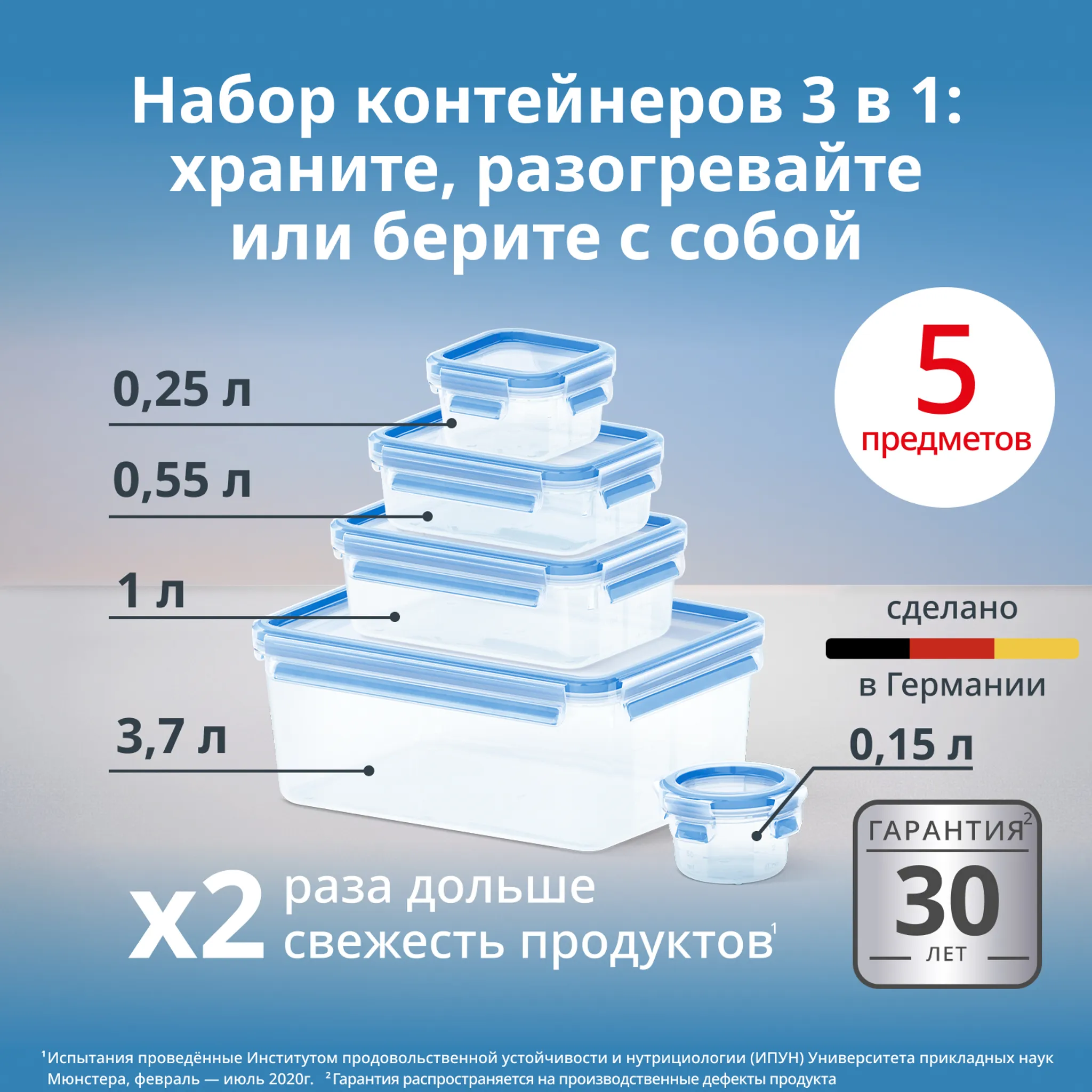 Набор из 5 контейнер Tefal CLIP&CLOSE 0.15/0.25/0.55/1/3.7л K3029012