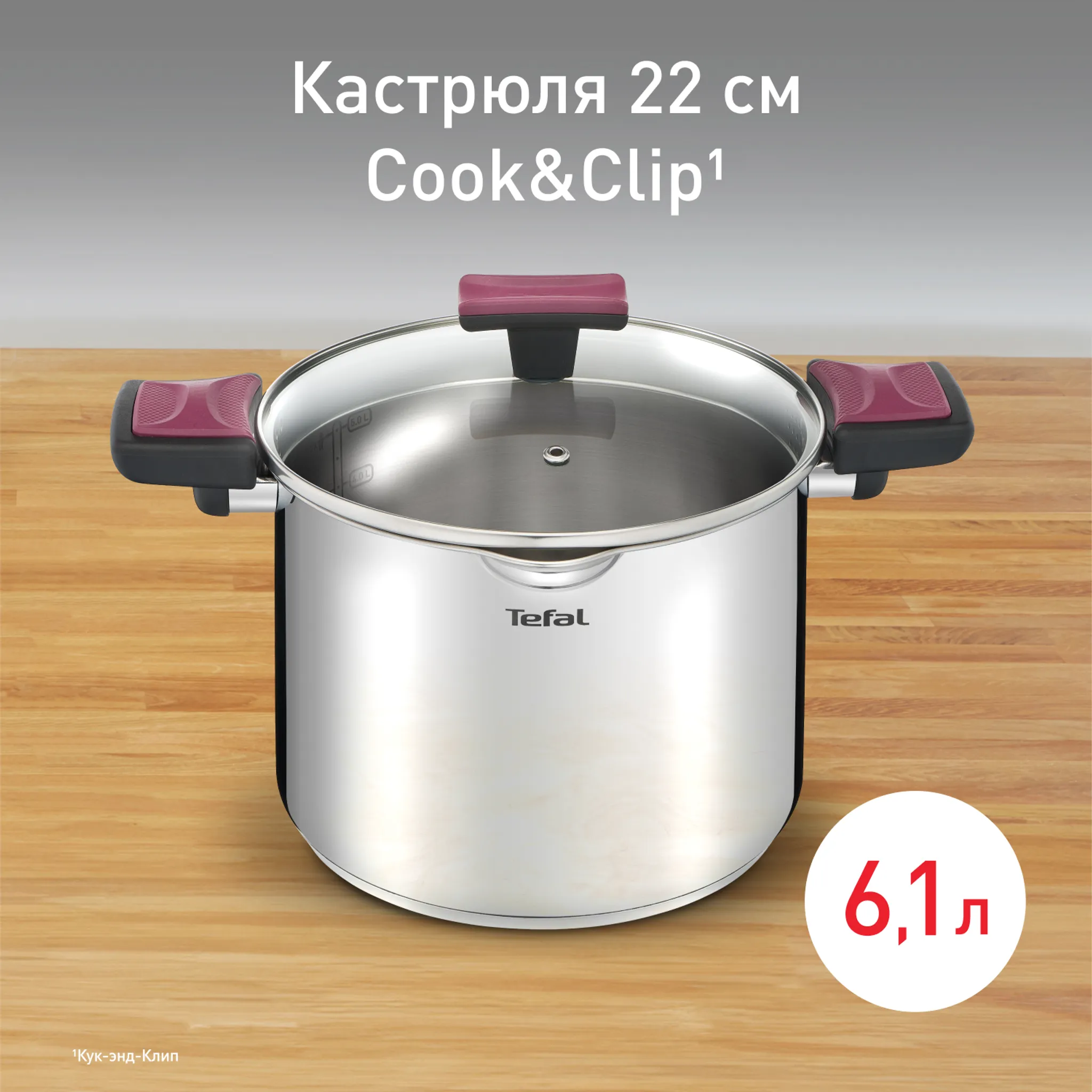 Кастрюля с крышкой Tefal Cook&Clip 6.1л 22см G7237974