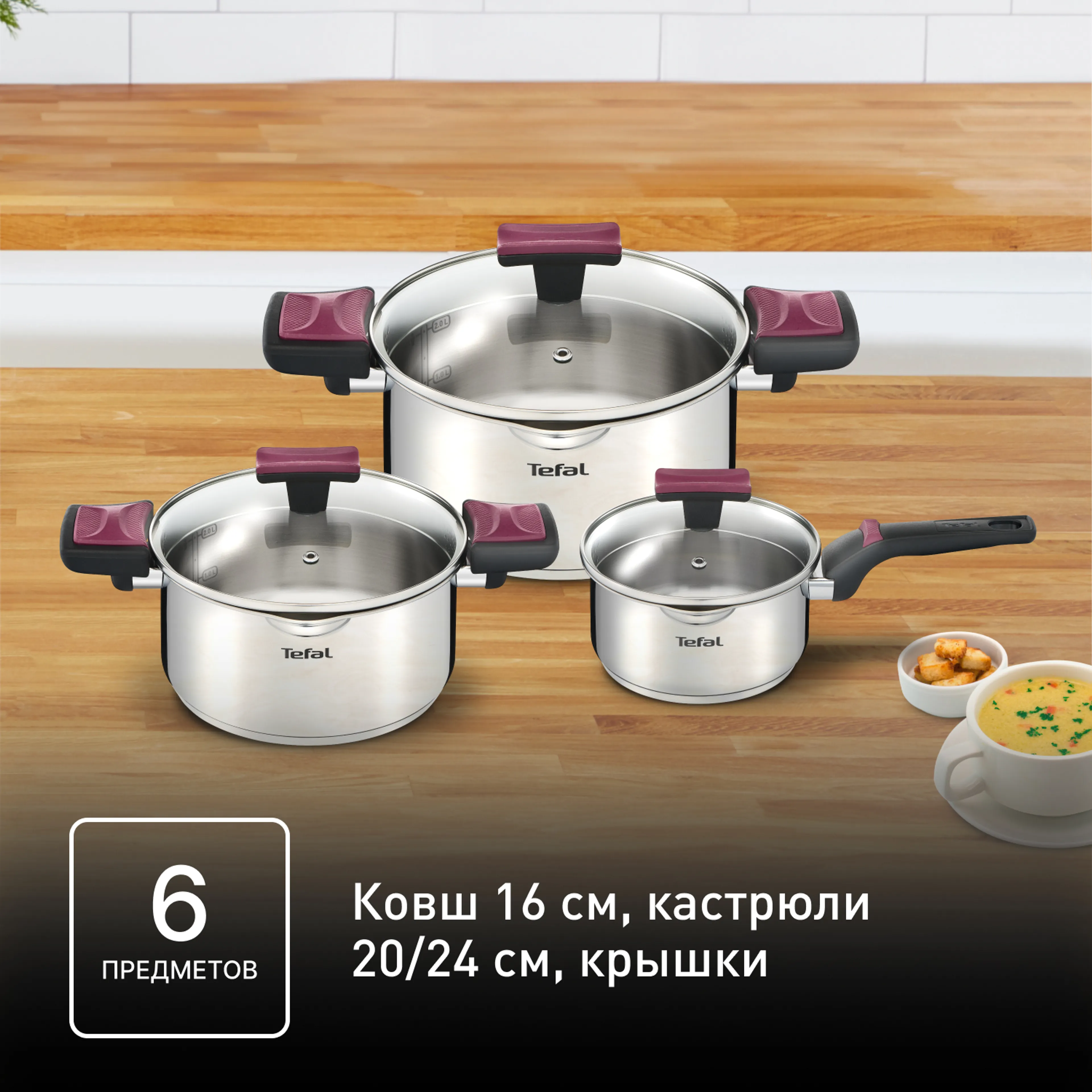 Набор посуды Tefal Cook&Clip  6 предметов 1,5/2,9/5л 16/20/24см G723S674