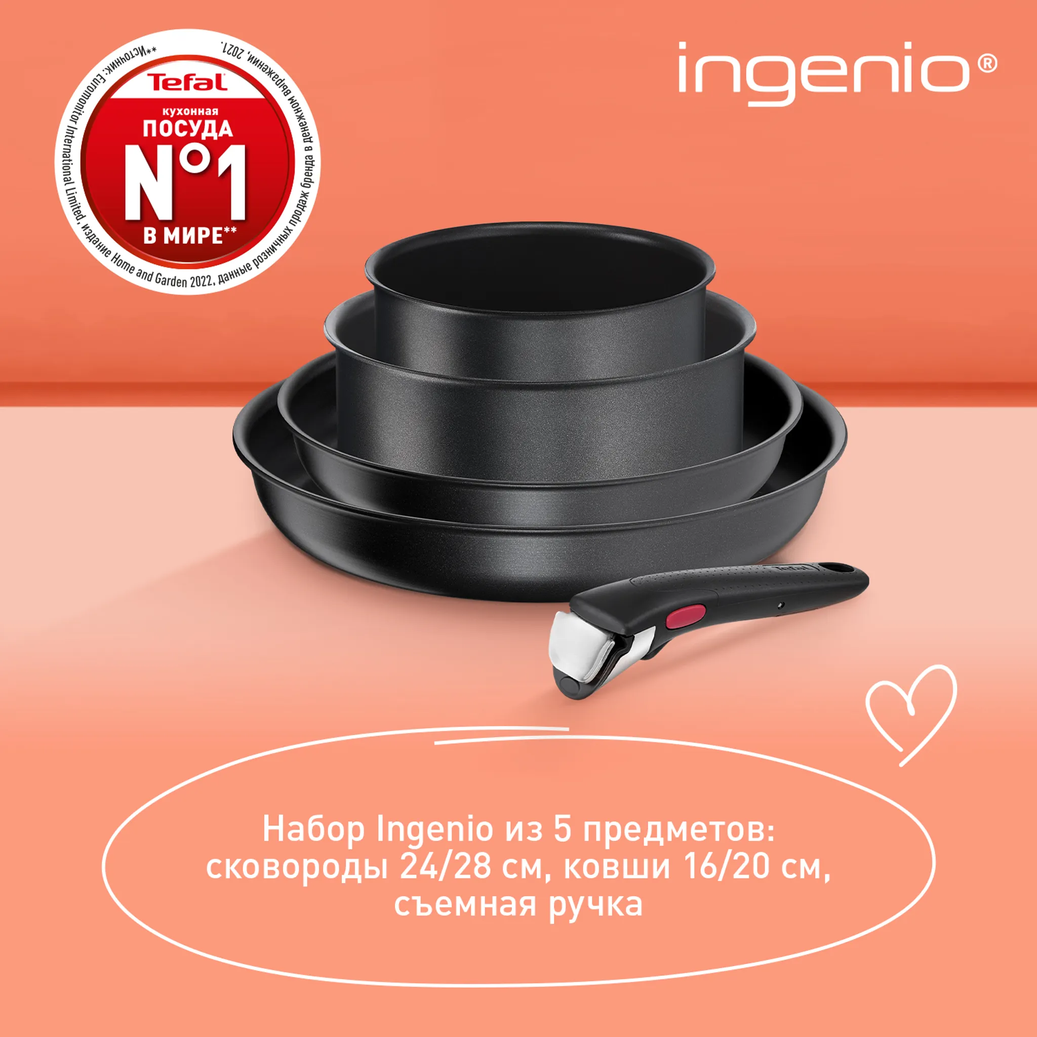Набор посуды со съемной ручкой Tefal Ingenio Daily Chef Black 5 предметов 16/20/24/28 см L7629102