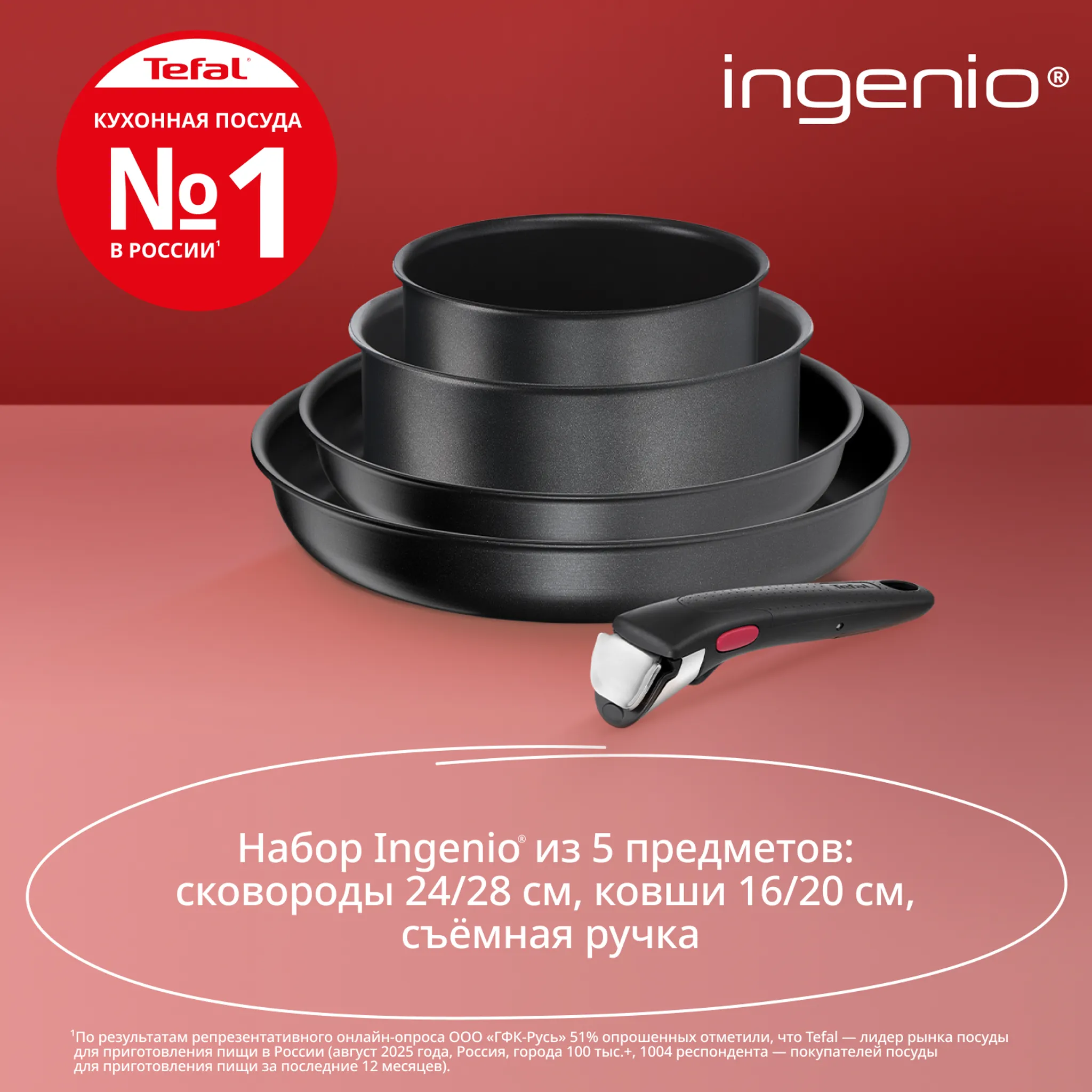 Набор посуды со съемной ручкой Tefal Ingenio Daily Chef Black 5 предметов 16/20/24/28 см L7629102