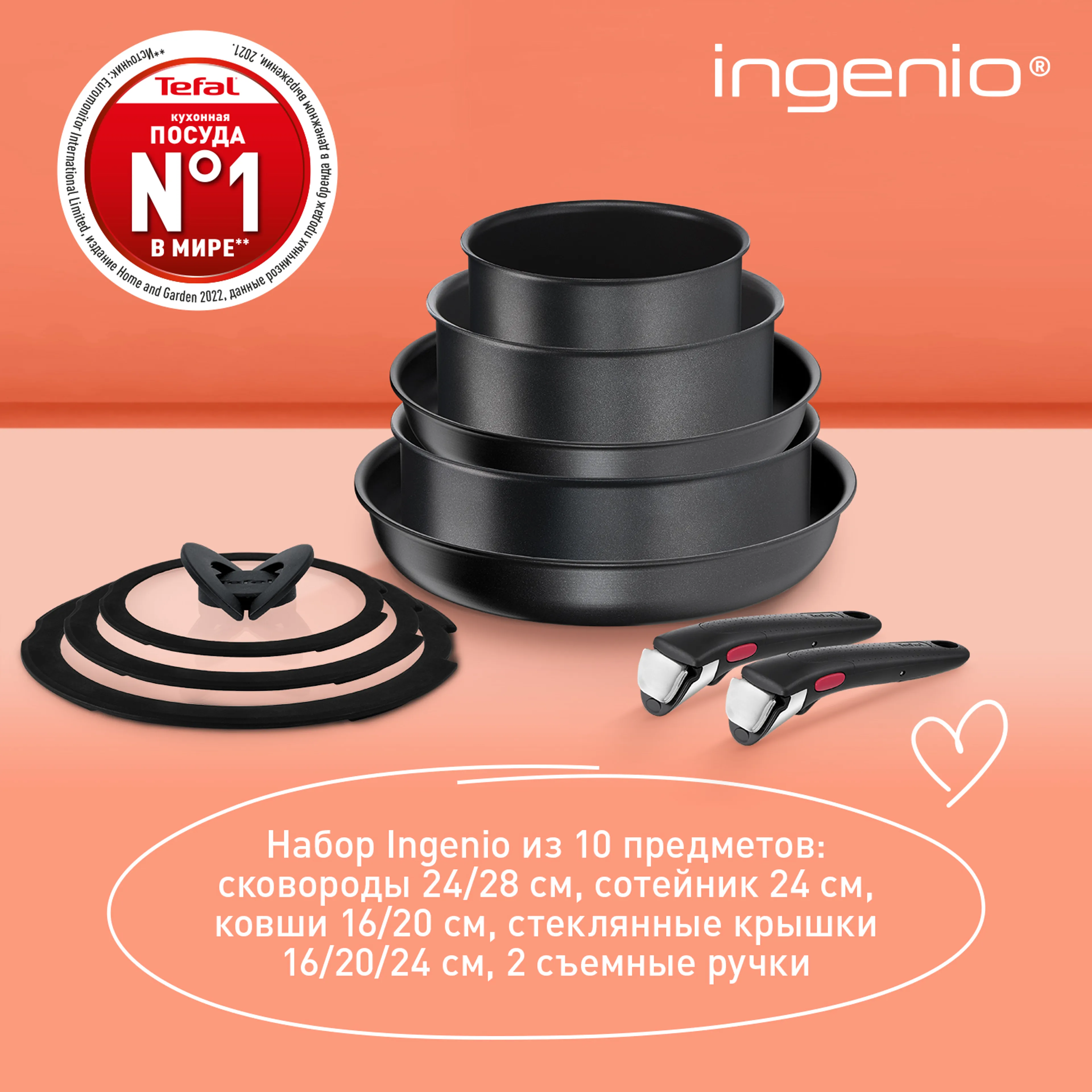 Набор посуды со съемной ручкой Tefal Ingenio Daily Chef Black 10 предметов 16/20/24/24/28 см L7629142