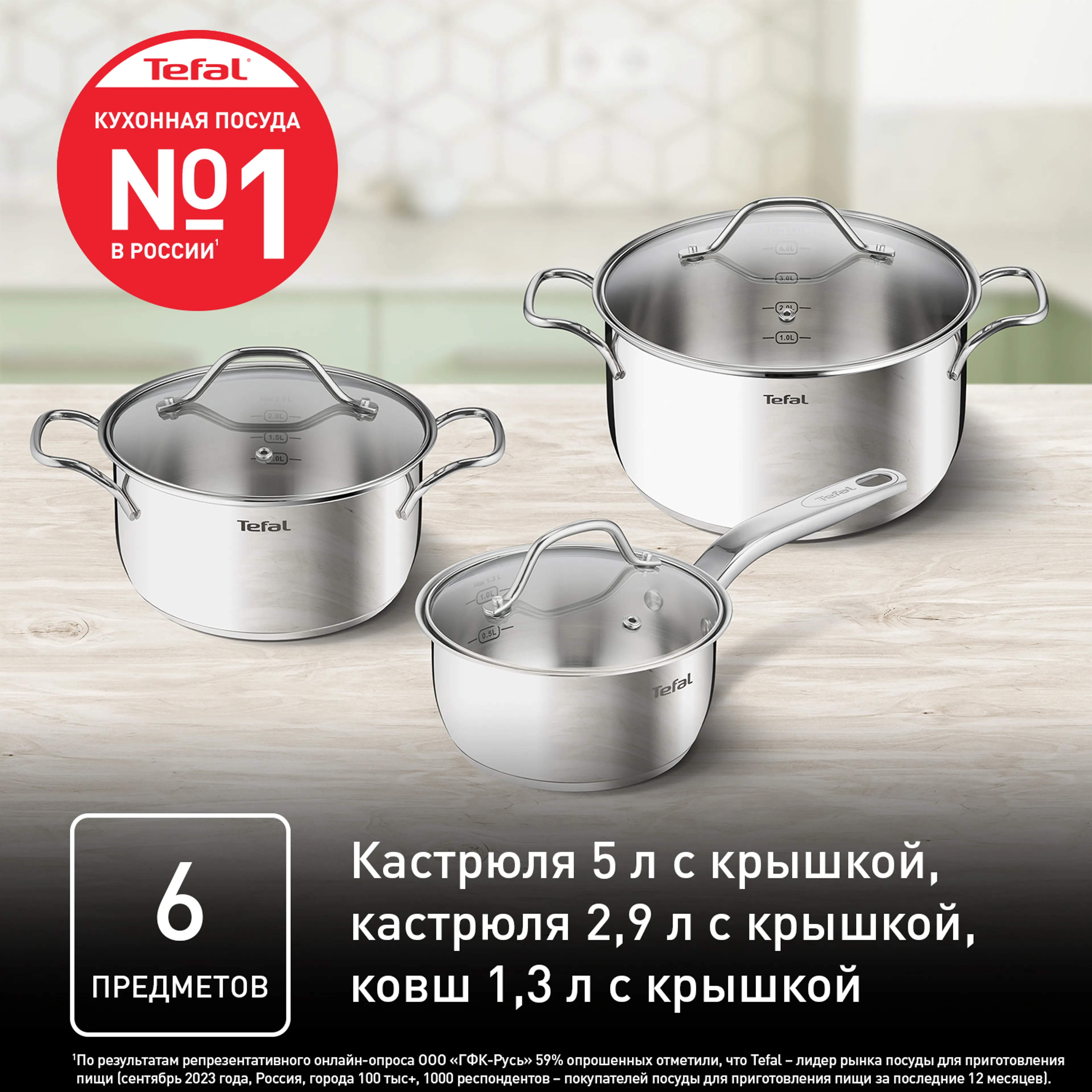Набор посуды Tefal Intuition 6 предметов 1,3/2,9/5л 16/20/24см B864S674