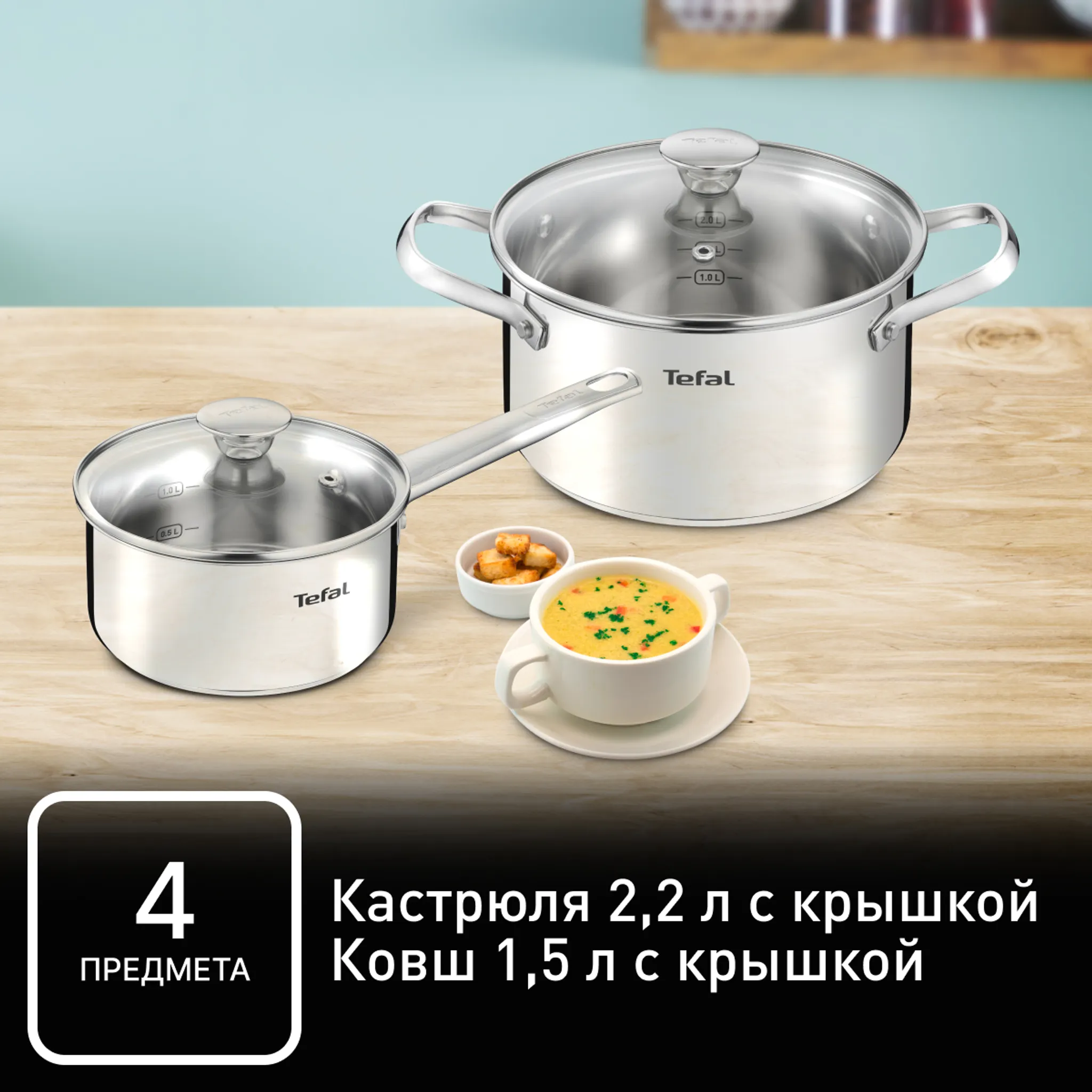 Набор посуды Tefal Cook Eat 4 предмета 1,5/2,2л 16/18см B9214S04