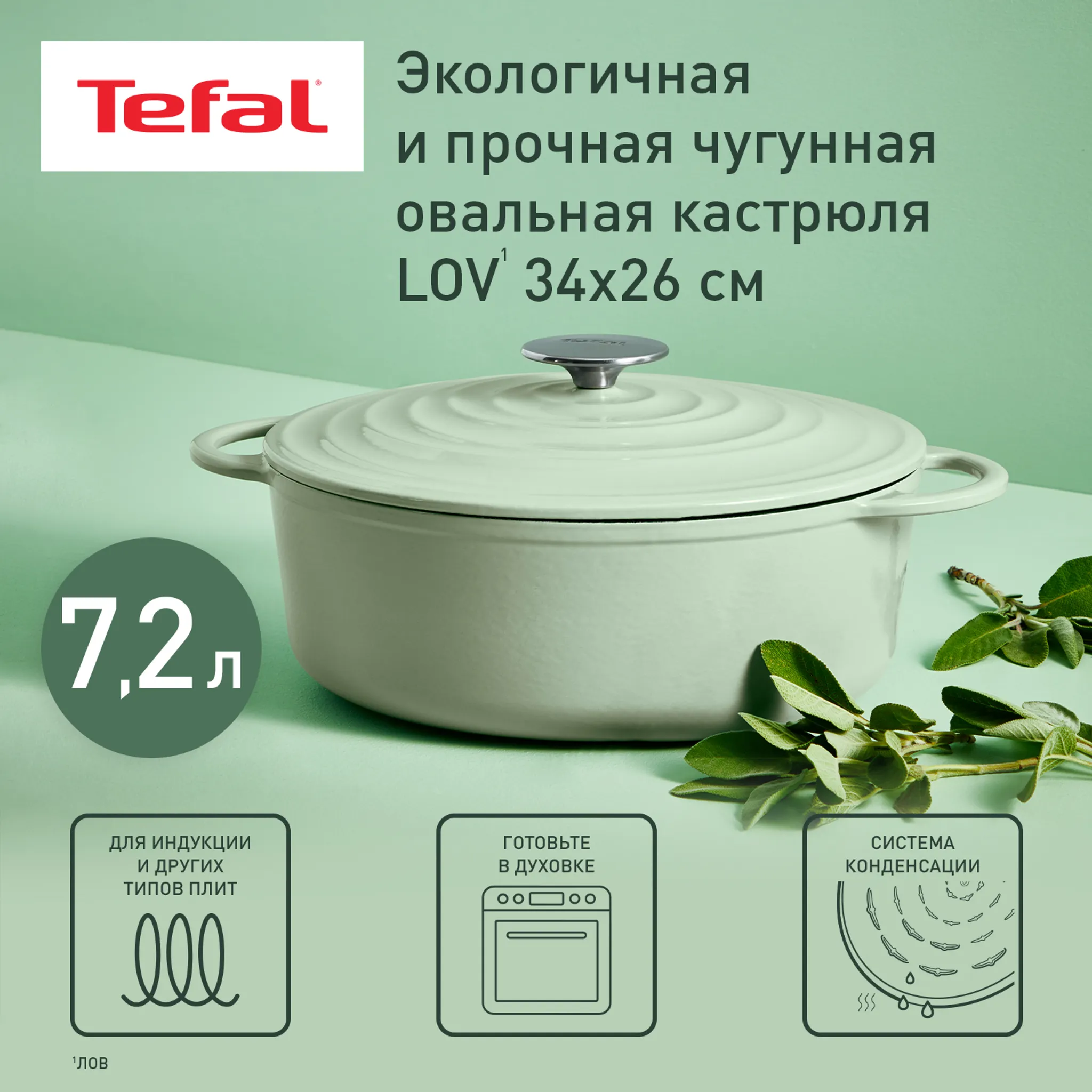 Овальная кастрюля с крышкой Tefal LOV 34х26 см E2580604