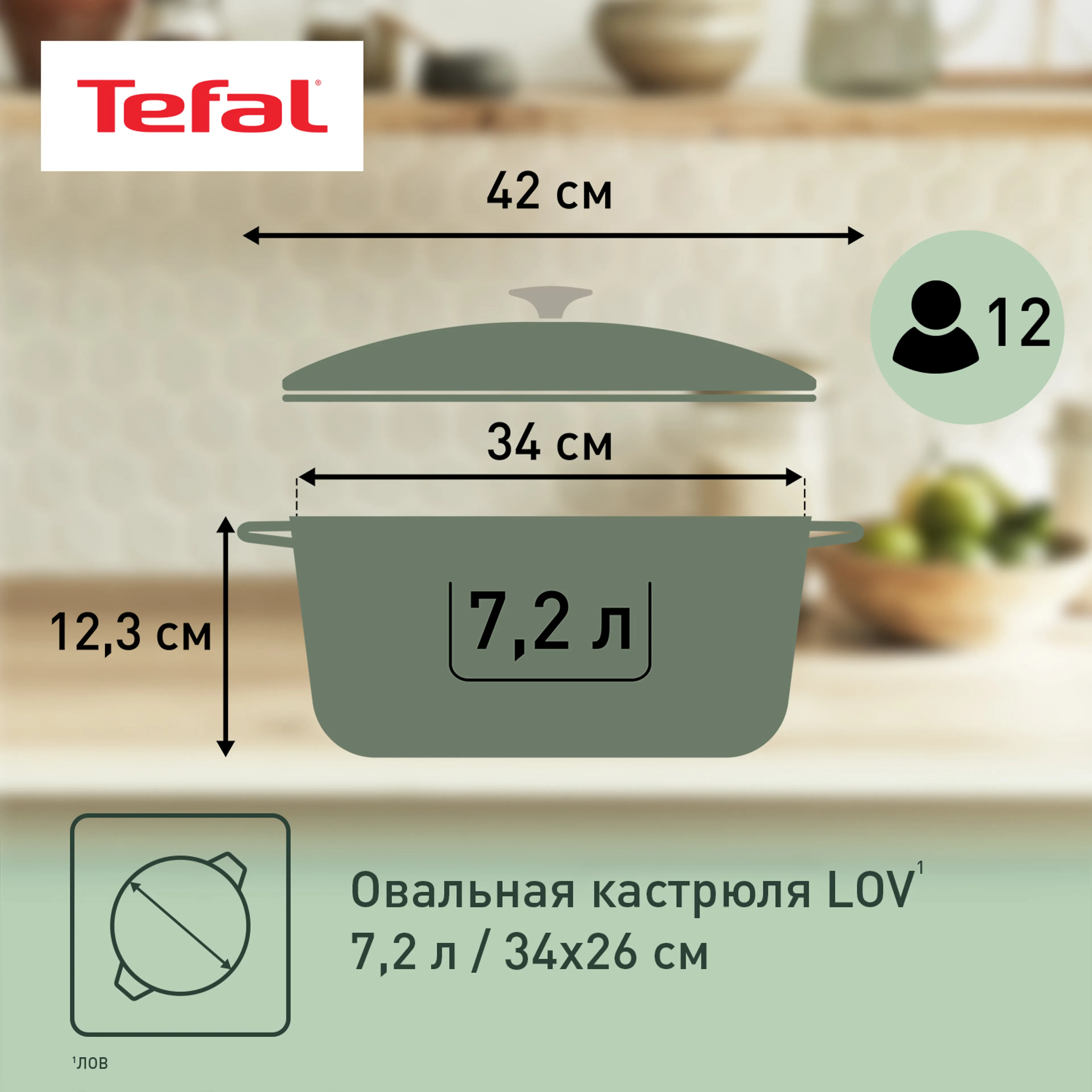 Овальная кастрюля с крышкой Tefal LOV 34х26 см E2580604