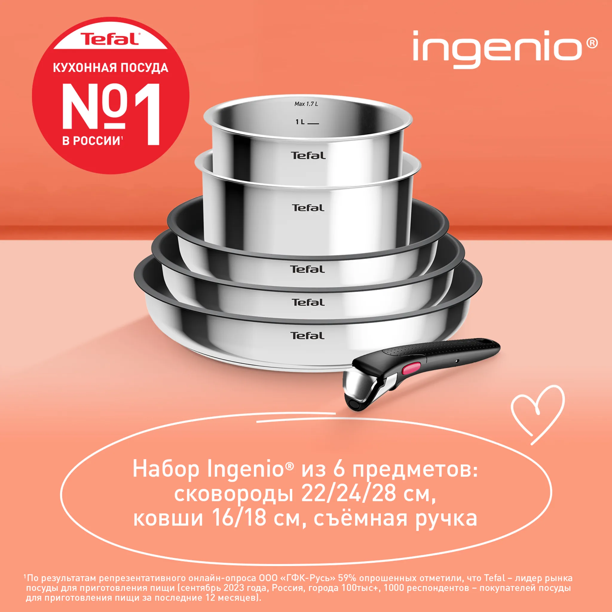 Набор посуды Tefal из нержавеющей стали Ingenio Cook Eat Tefal 6 предметов L881S604