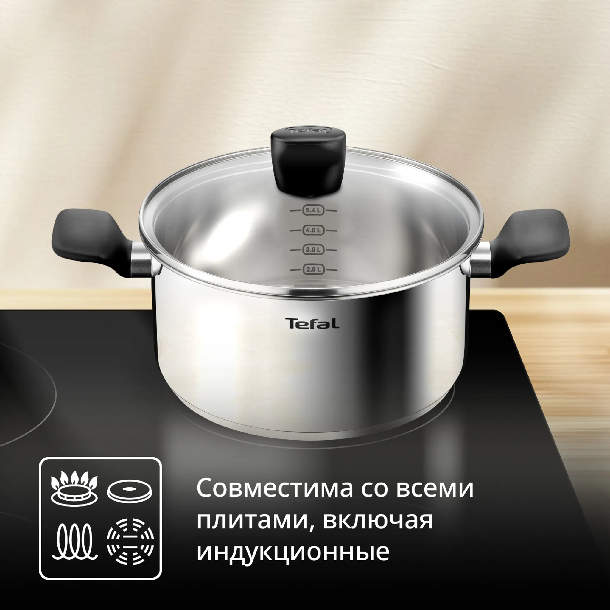 Кастрюля Tefal Confidence 24 см со стеклянной крышкой G7644674, 5.4 л