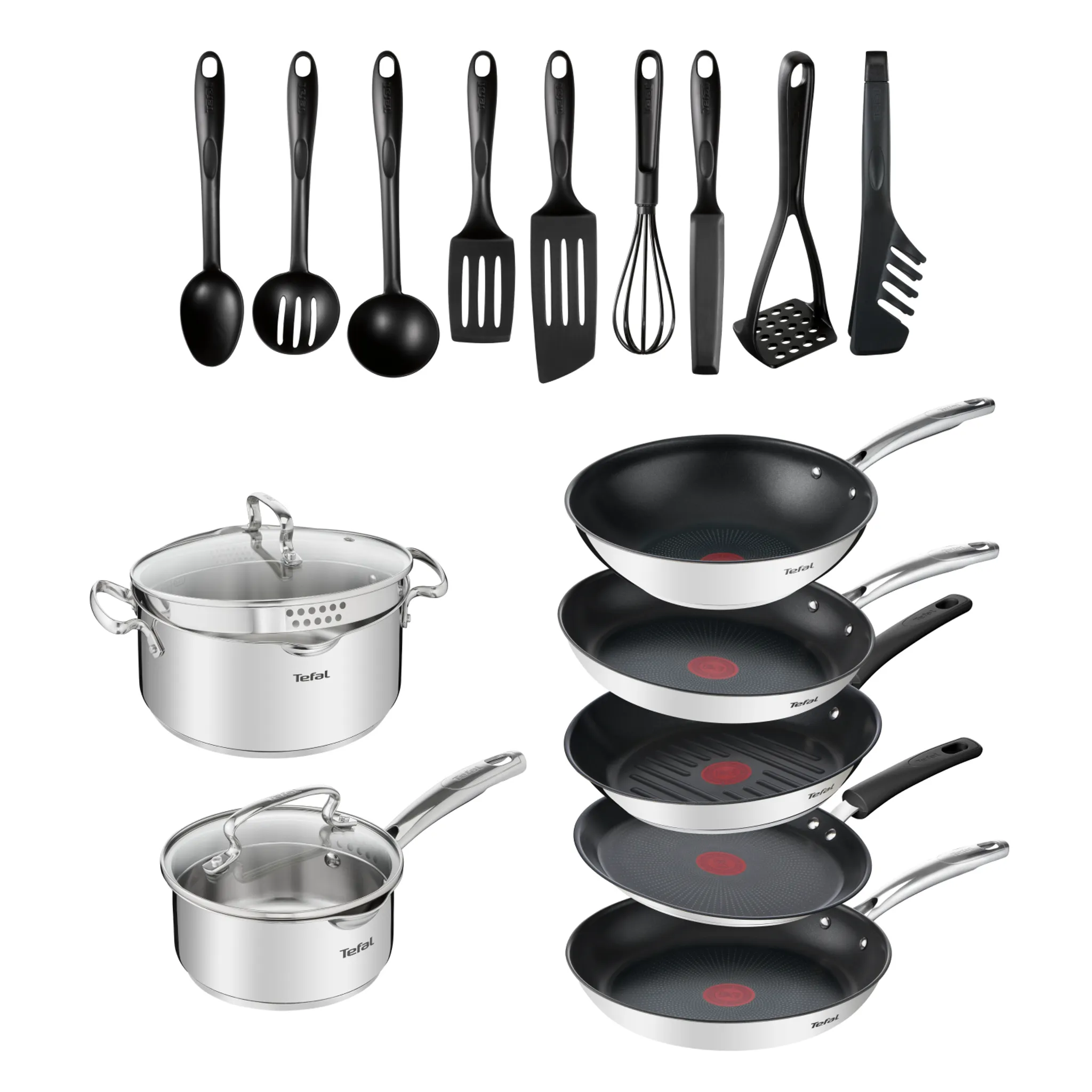 Набор посуды Tefal Сковорода 24/26+Кастрюля 20 см+Ковш 16 см+ кух.предметы Duettо+