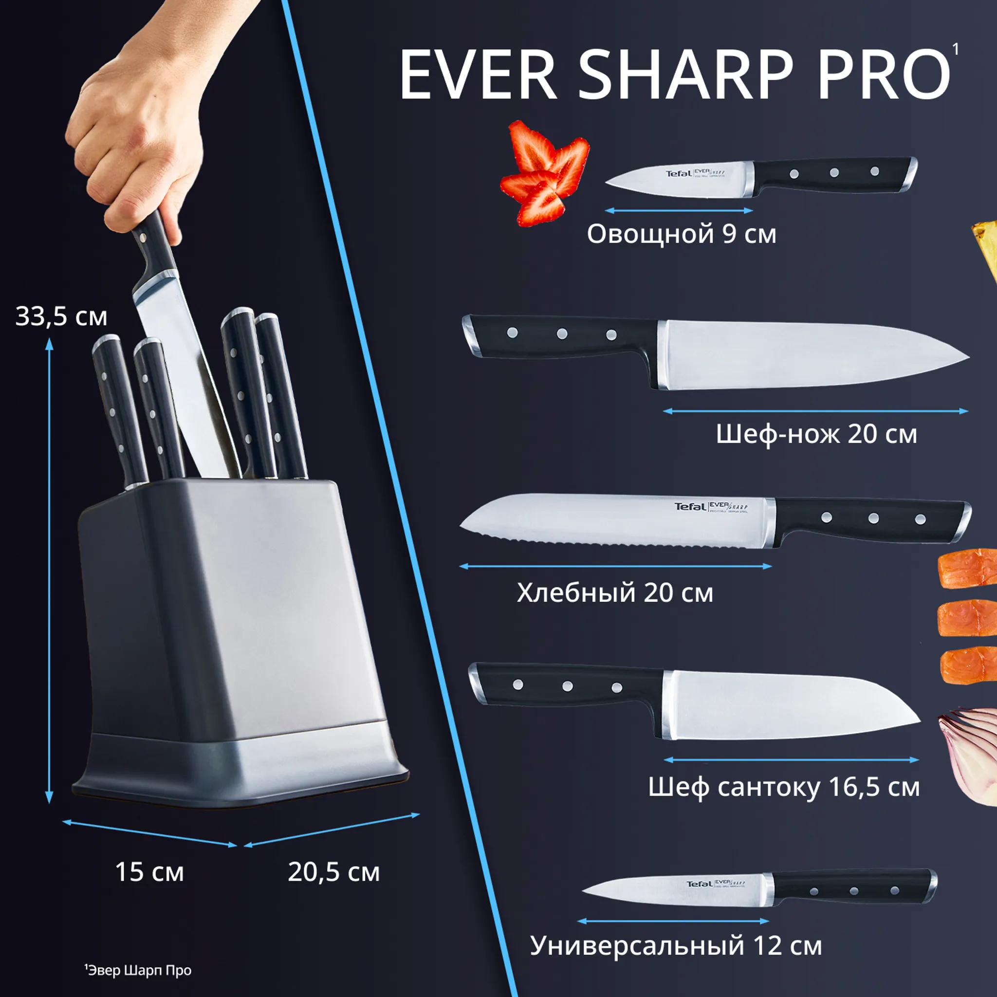 Набор ножей и блок Tefal EverSharp PRO  со встроенной точилкой 5 предметов K297S644