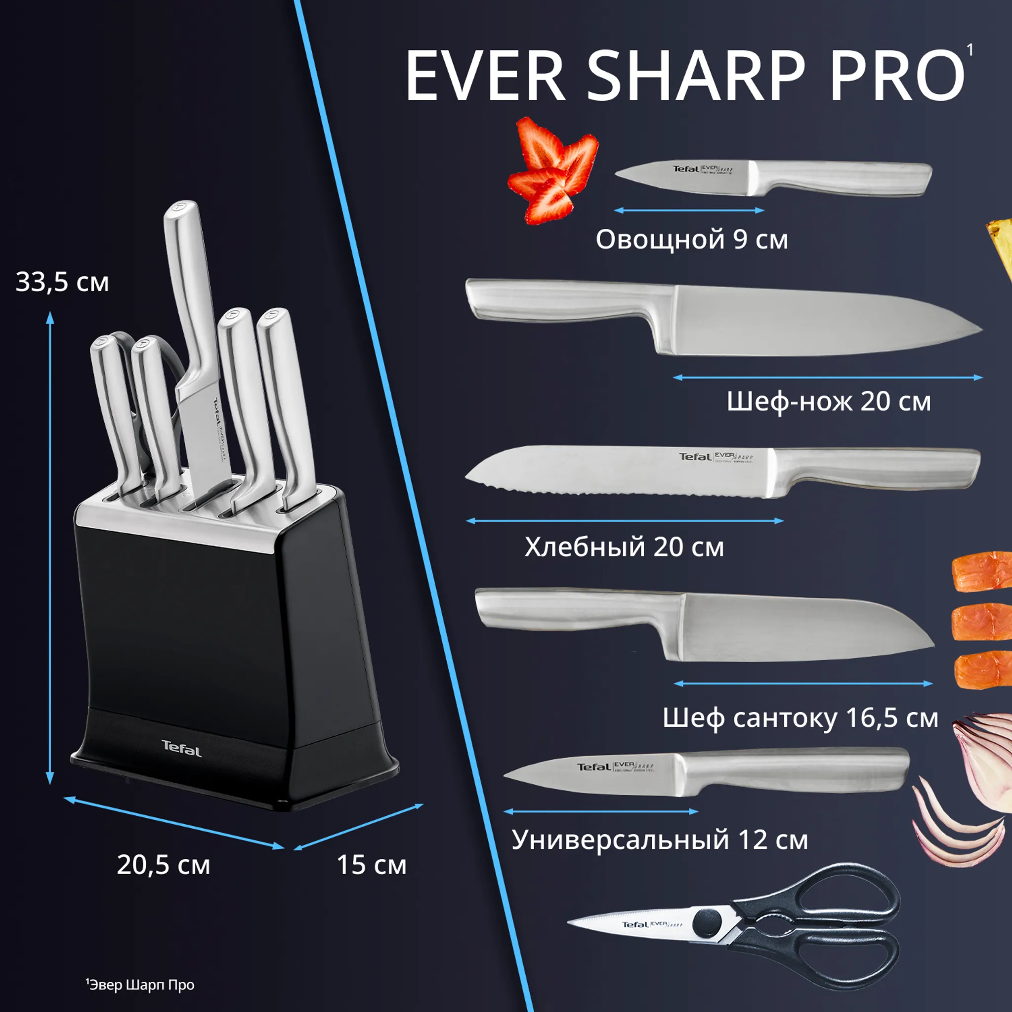 Набор ножей и блок Tefal EverSharp PRO со встроенной точилкой 6 предметов K2977S44