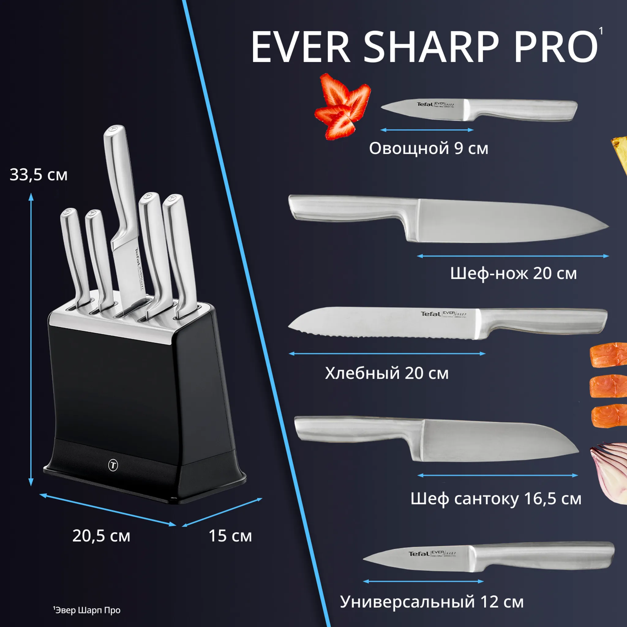 Набор ножей и блок Tefal EverSharp PRO со встроенной точилкой 5 предметов K2976S04