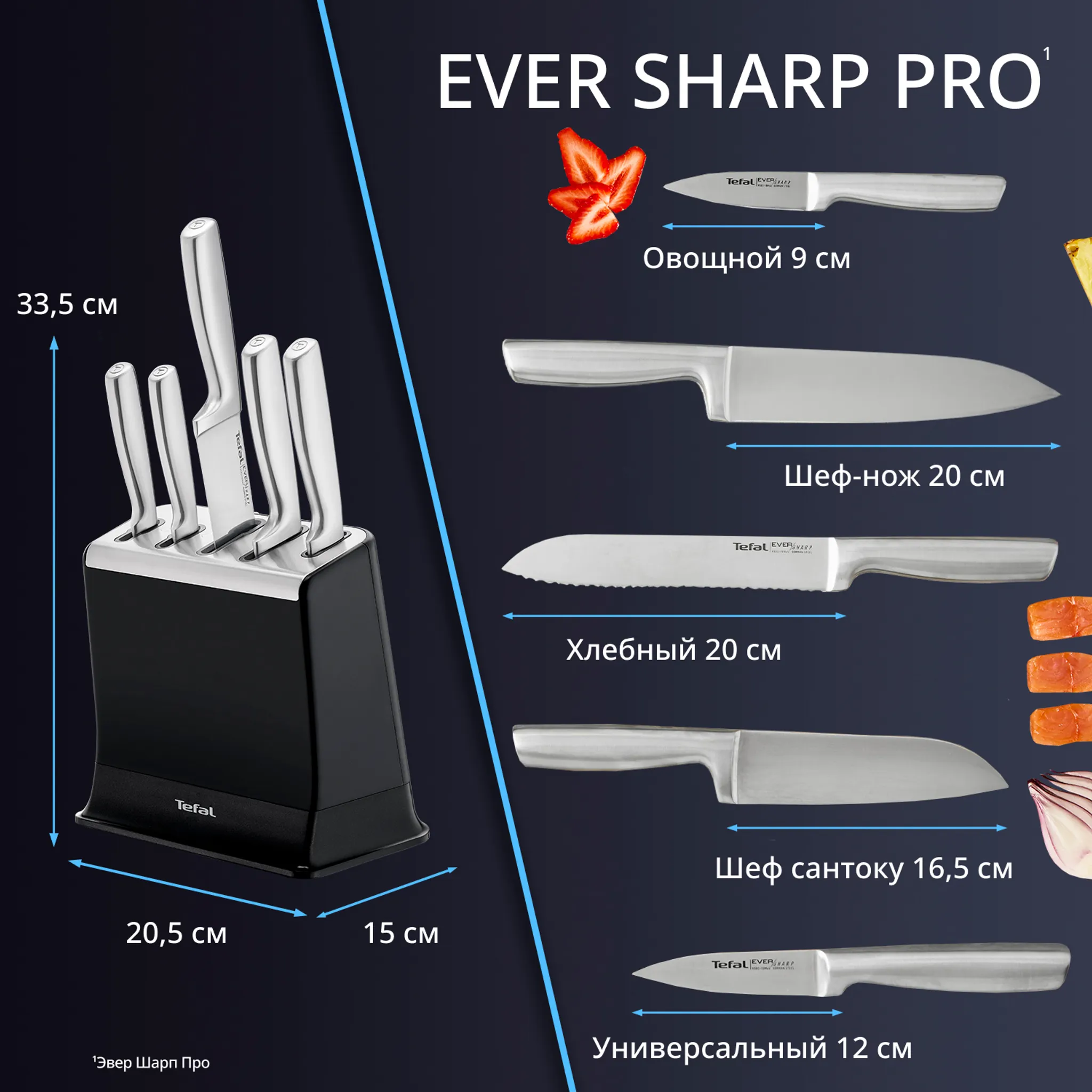 Набор ножей и блок Tefal EverSharp PRO со встроенной точилкой 5 предметов K2976S04